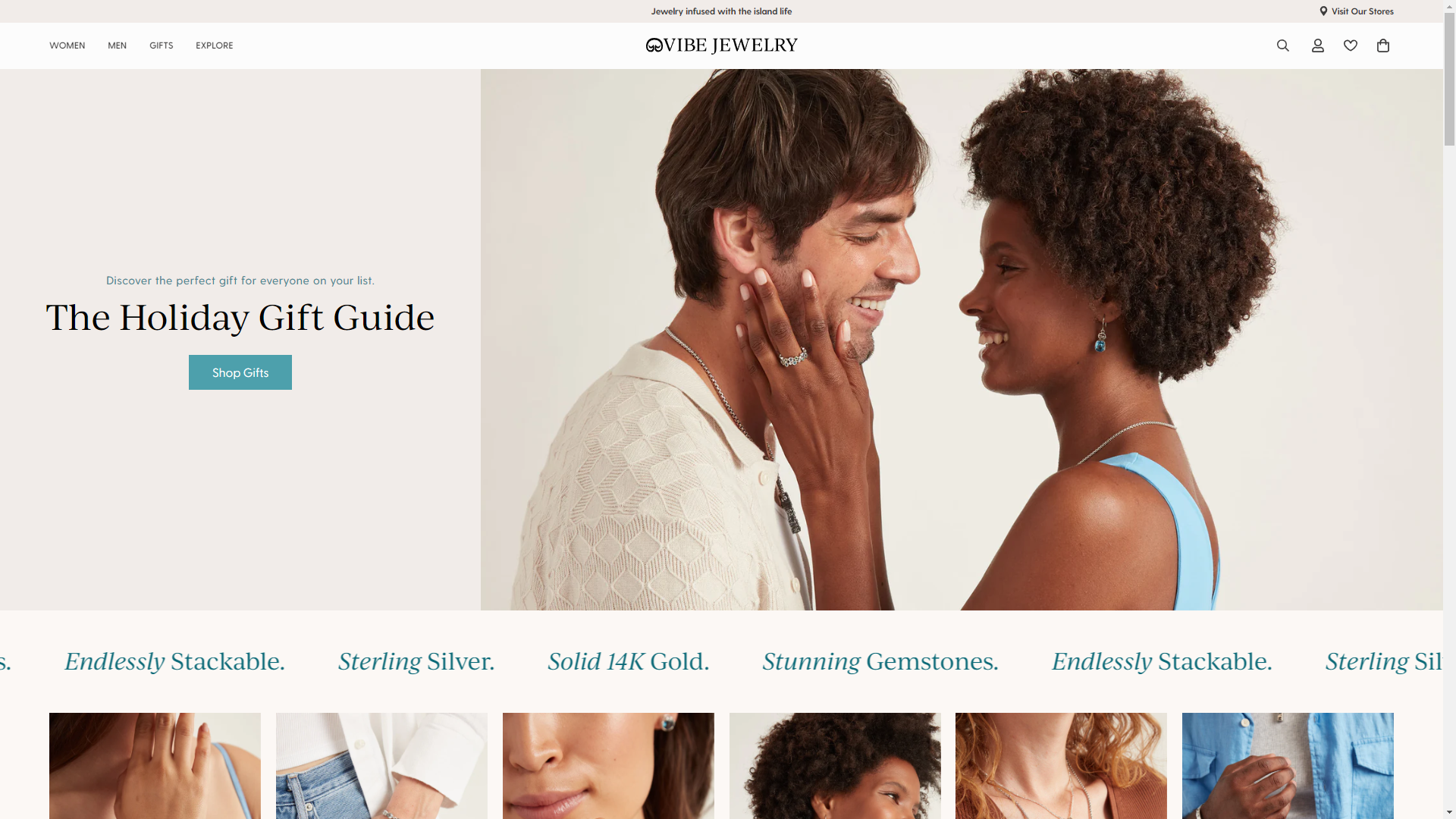 A screenshot of the Vibe Jewelry homepage